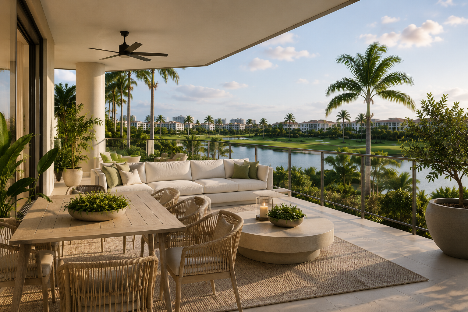 Outdoor balcony with white sofa, dining table, plants, and view of a lake and palm trees in a tropical setting