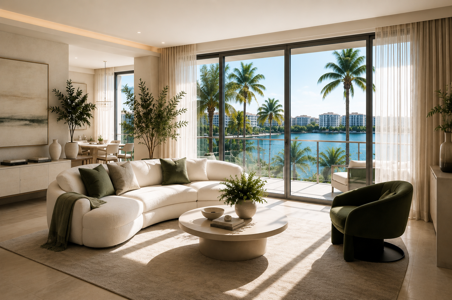 Living room with beige sofa, green armchair, coffee table, potted plants, and large glass doors leading to balcony with view of palm trees and water