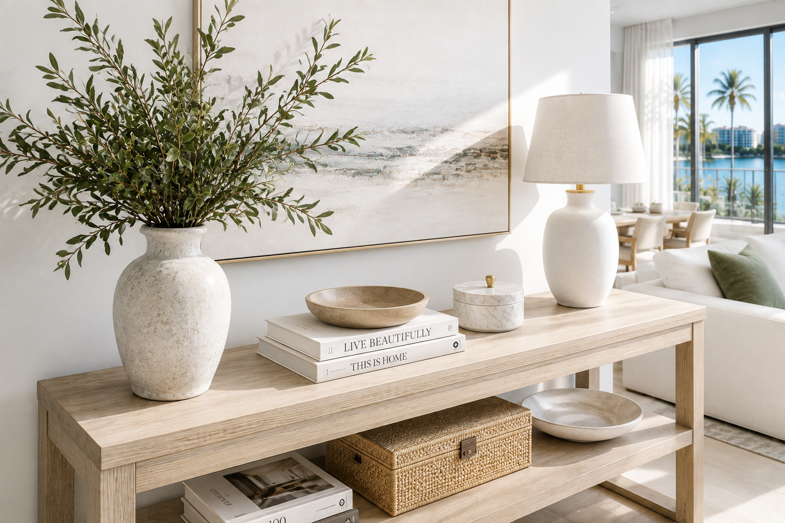Interior of a modern living room with a light wood console table holding a large vase with green leafy branches, decorative bowls, and books, next to a white sofa and large window with a view of a river, palm trees, and buildings.