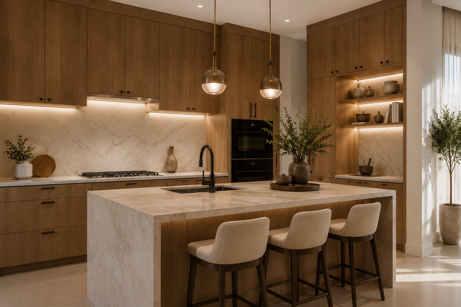 Modern kitchen with wooden cabinets, marble backsplash, island with marble countertop, three beige upholstered bar stools, black sink faucet, built-in oven, decorative vases, and potted plants.