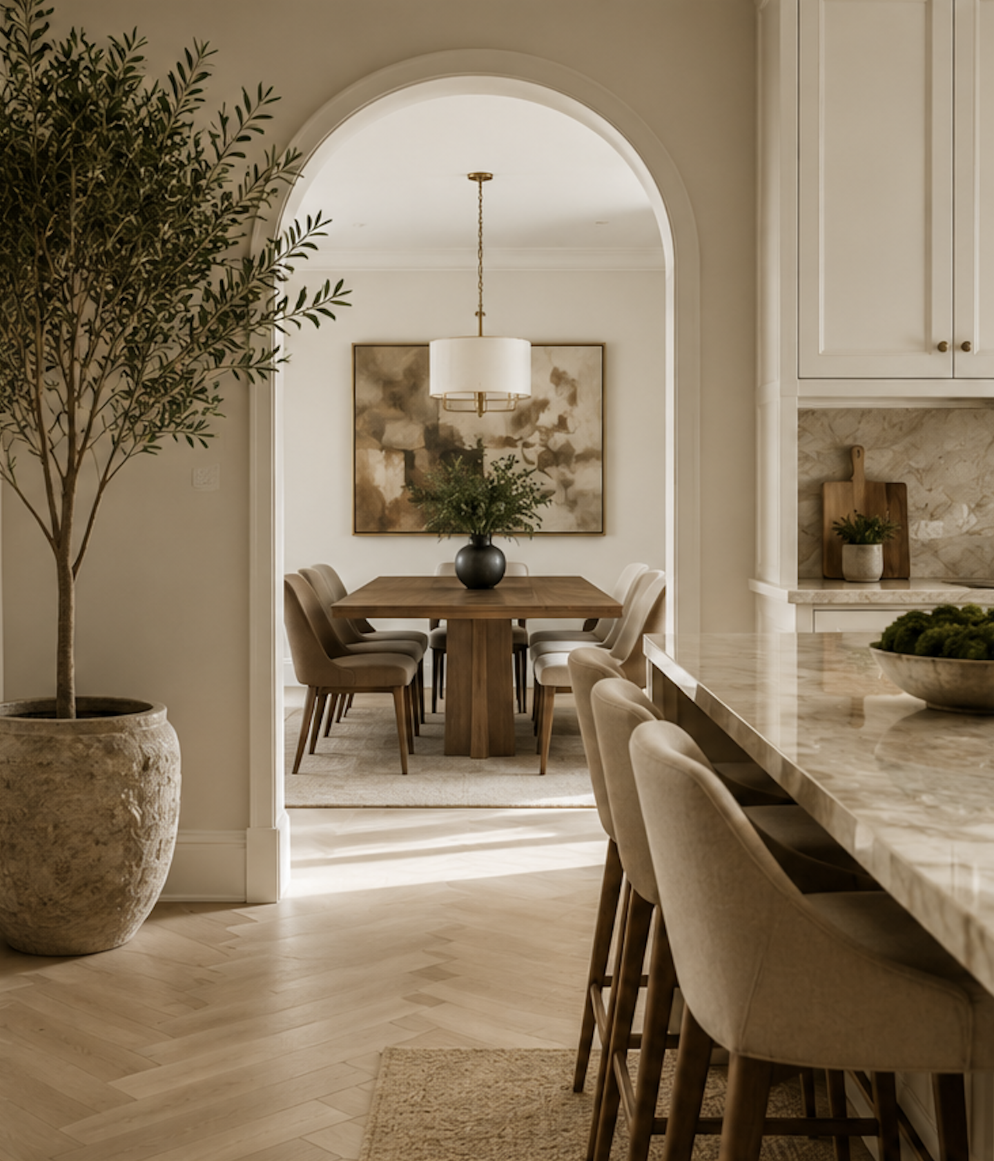 Dining area with a wooden table, beige upholstered chairs, a large potted tree on the left, artwork on the wall, and a chandelier hanging from the ceiling.