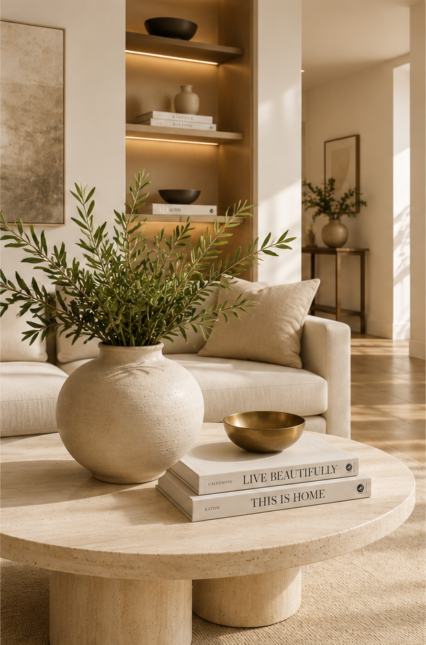 Living room with a beige sofa, a round beige coffee table with a large vase of green foliage, a small metallic bowl, and books, including "Live Beautifully" and "This is Home". Shelves with black bowls, a white vase, and books are in the background, along with a framed artwork and a small table with a plant.