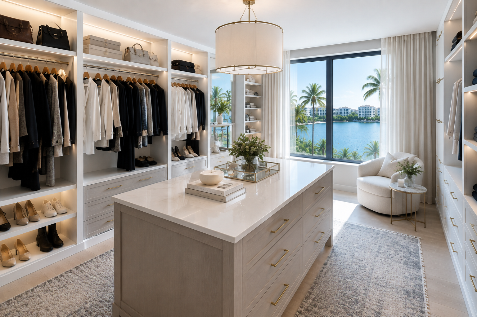 Luxury walk-in closet with organized clothing and shoes, a large window overlooking water and palm trees, a white armchair with a small side table, and a central island with decorative items.