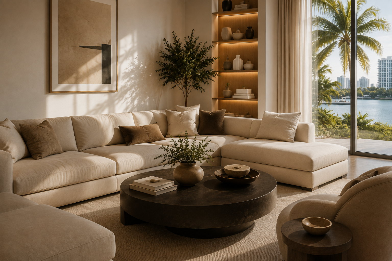 Living room with beige sofa, assorted pillows, a round coffee table with a vase and books, a large window showing a view of water and palm trees.