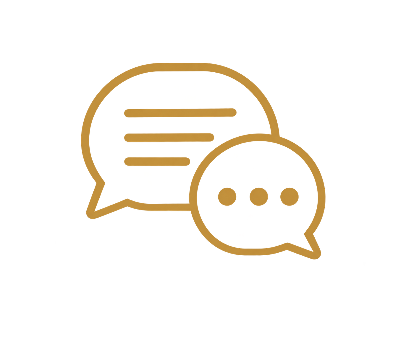 Two overlapping chat bubble icons with a yellow background, one with three horizontal lines and a red arrow, and the other with three dots, outlined in gold.