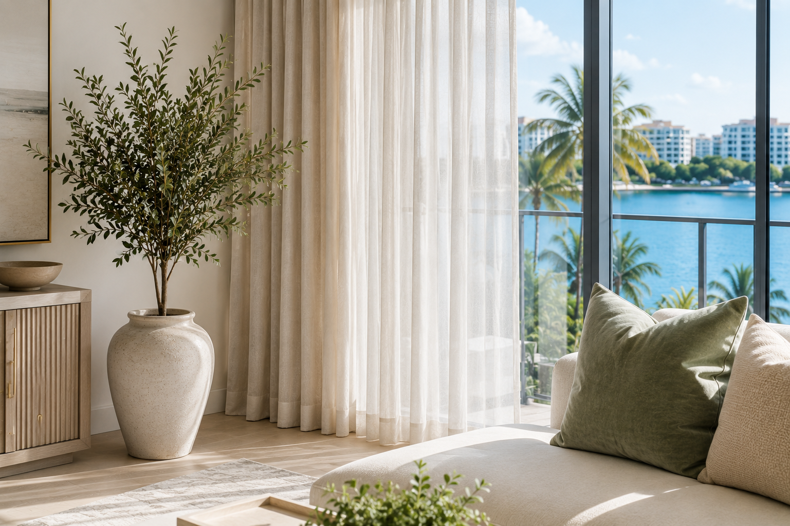 Living room with large beige curtains, potted plant, and view of water and palm trees outside the window.