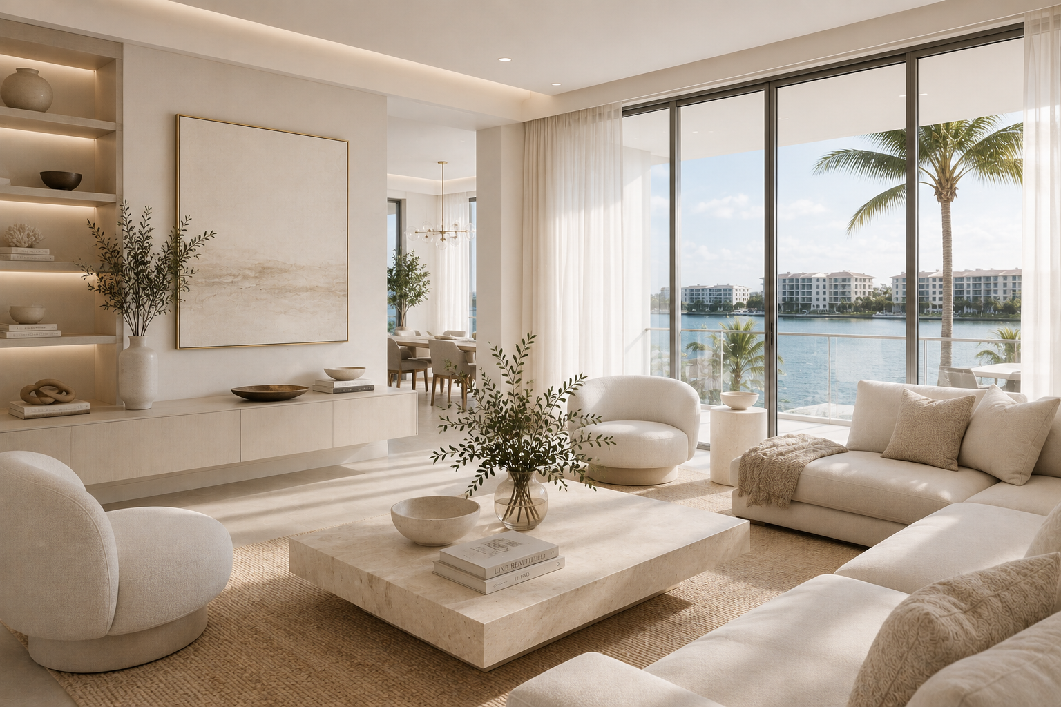 Bright living room with glass doors showcasing a water view and palm trees, decorated in neutral tones with plush sofas, a coffee table with a vase and books, and built-in shelves with decor.