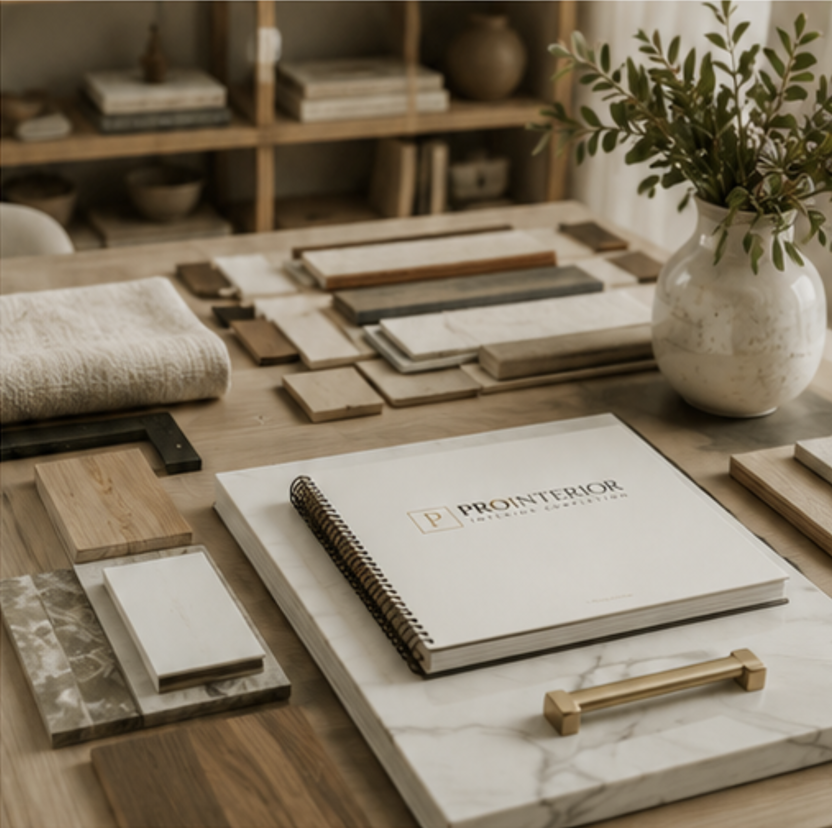 Sample interior design materials including color and material swatches, catalogs, a notebook, and a potted plant on a wooden table.