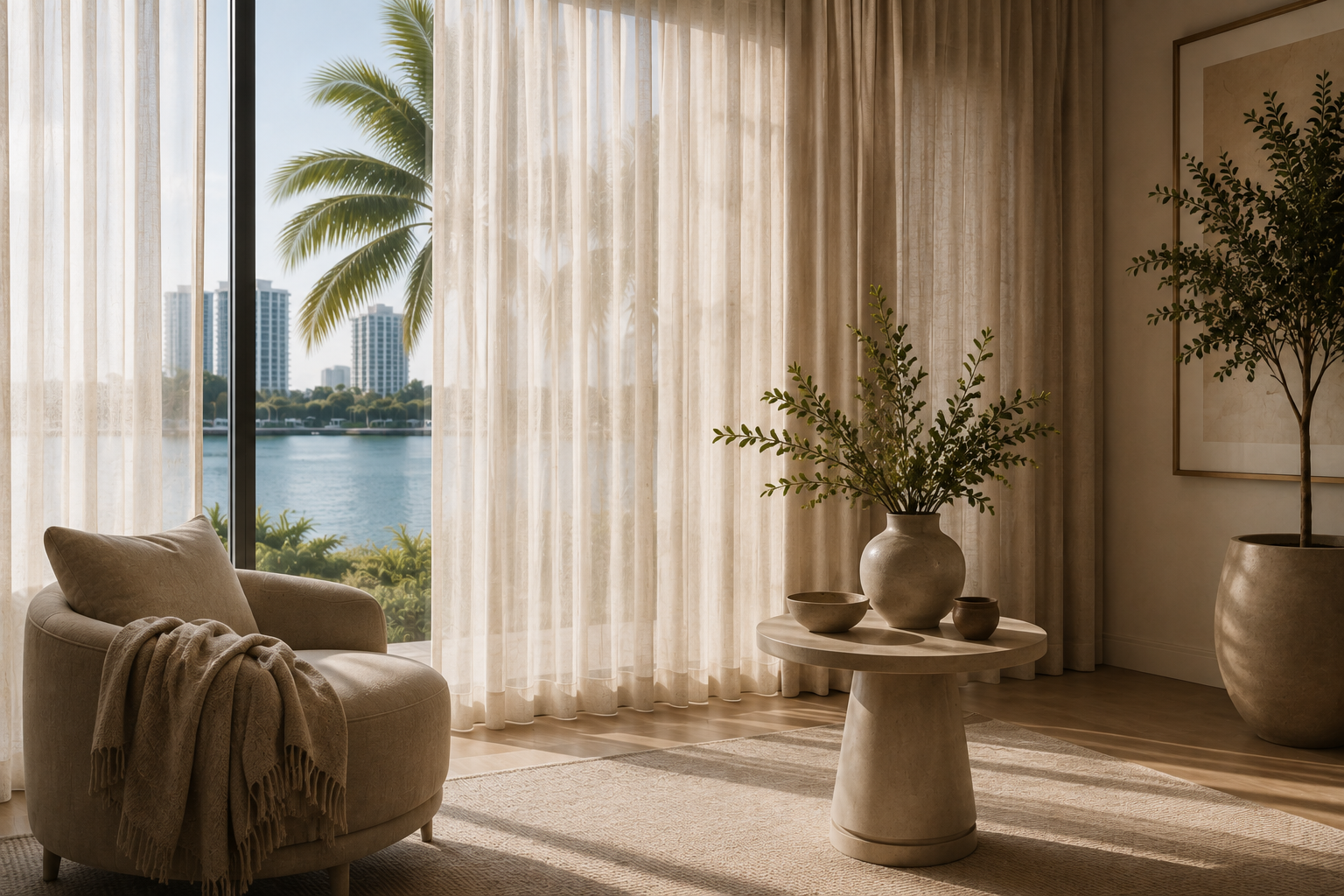 Living room with large window showing a body of water and palm trees outside. Interior features beige armchair with throw blanket, cream-colored curtains, a round white table with vases and plants, and artwork on the wall. Natural light fills the space.