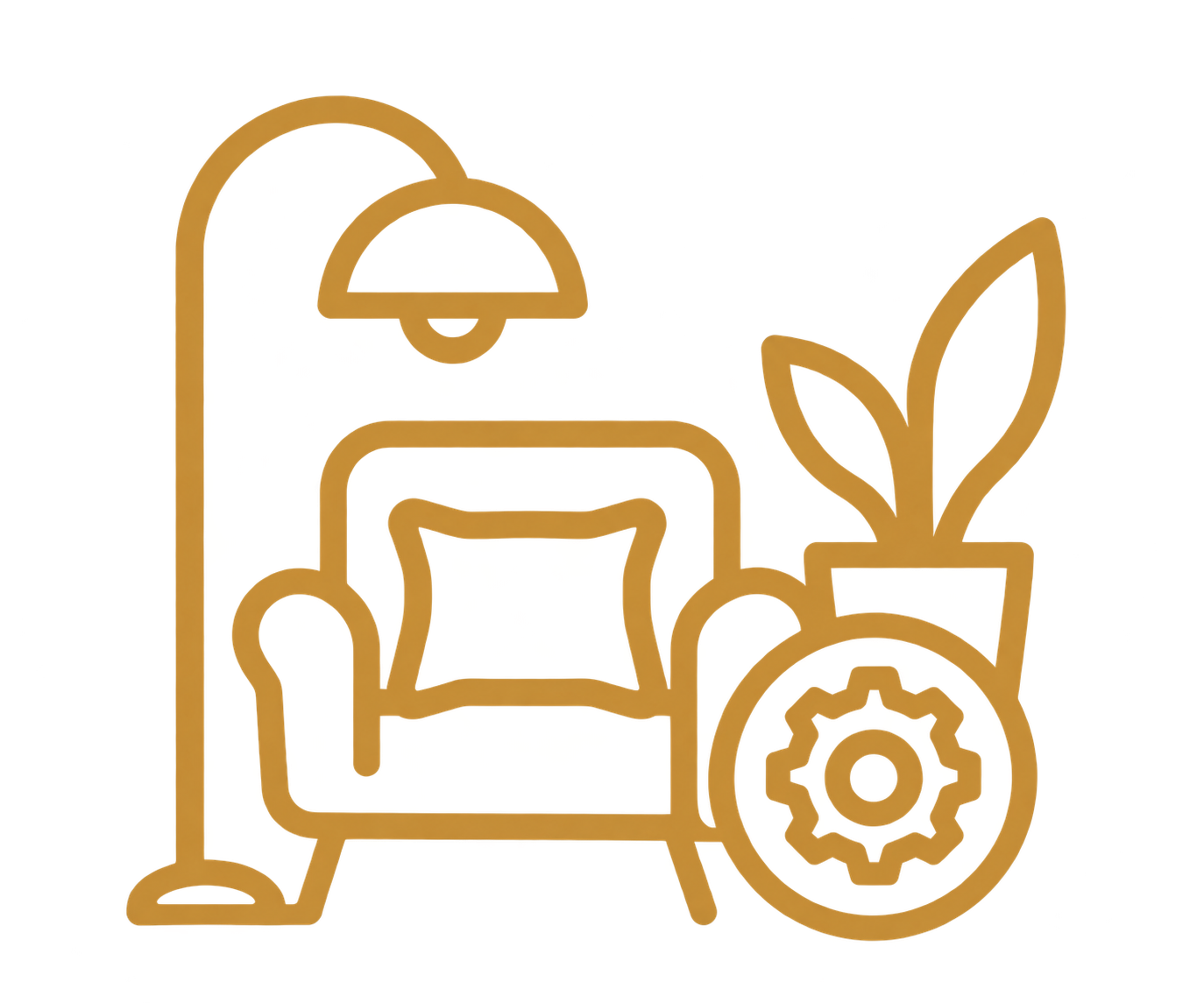 Line art icon of a person sitting in a chair next to a potted plant with leaves and a gear symbol.