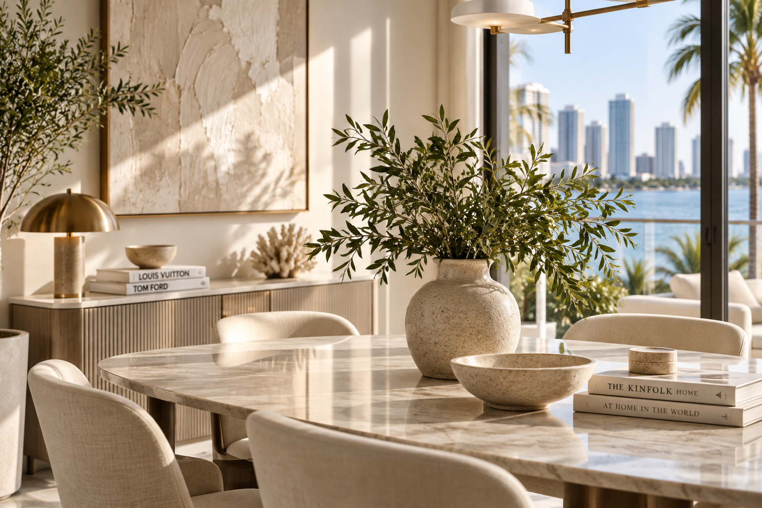 A modern dining room with a marble table, beige upholstered chairs, and a large vase with green foliage. Background features a sideboard with decorative books, a small coral, and a gold lamp. Large windows reveal a cityscape with tall buildings, palm trees, and water.