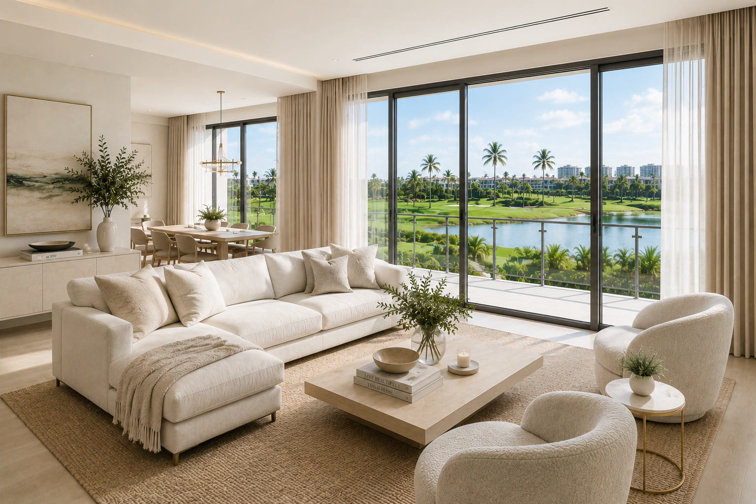 Living room with beige sectional sofa, coordinating armchairs, coffee table, and large windows overlooking a tropical golf course