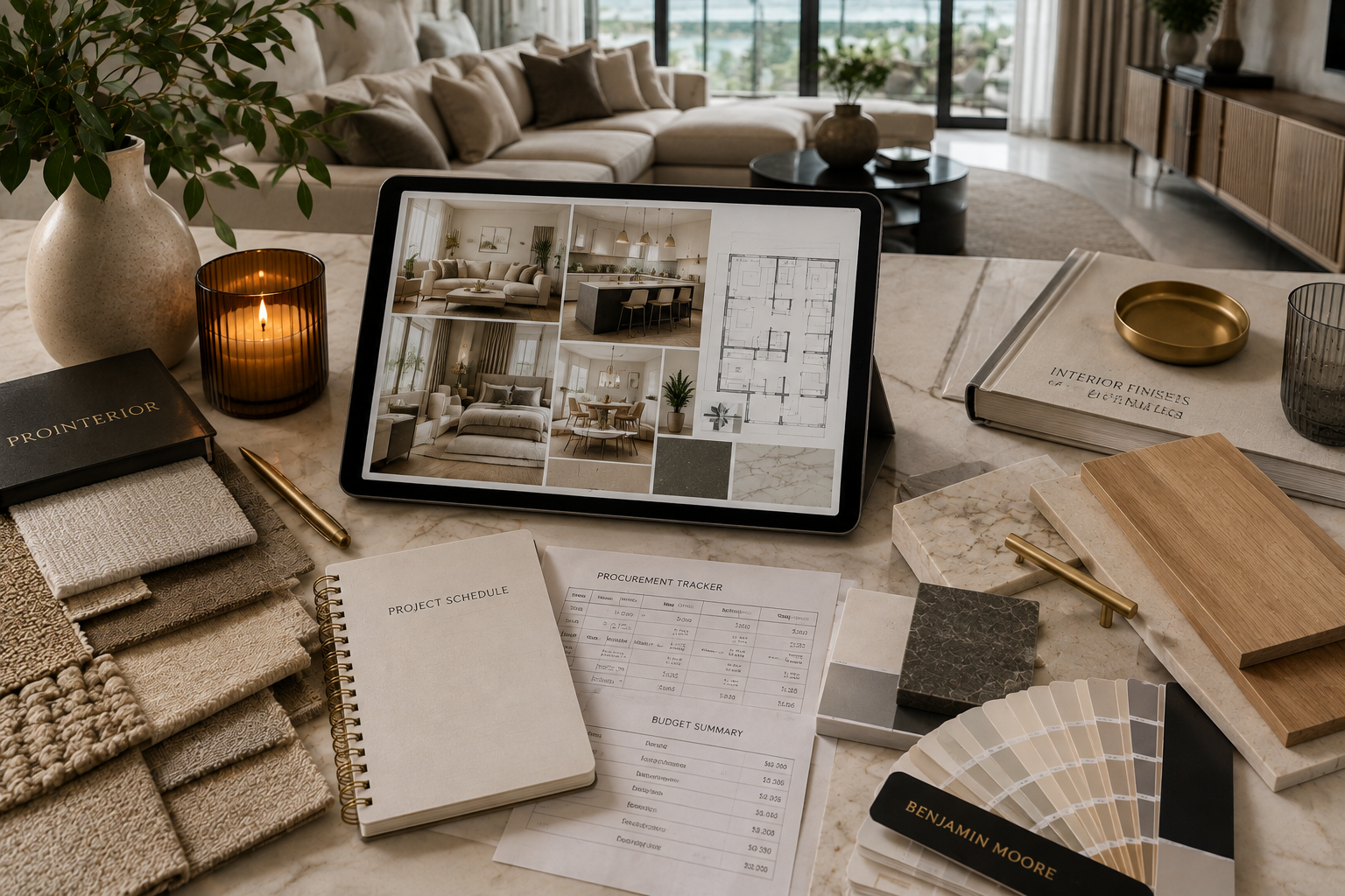A marble table in a well-lit living room with a tablet displaying interior design images, fabric samples, a color palette book, a project schedule, a procurement tracker, fabric swatches, a book titled 'Interior Finishes,' a gold tray, a black pen, a black candle holder with a lit candle, and a green potted plant.