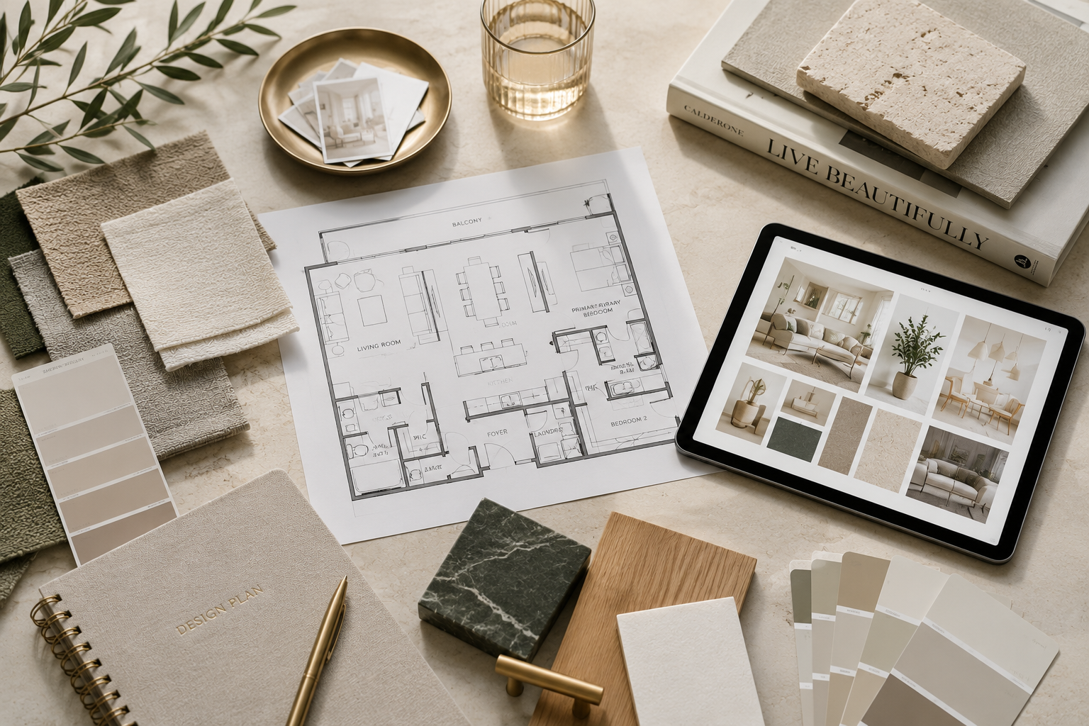 Interior design workspace with a floor plan, fabric samples, color palette, tablet with interior decor images, design book, paint chips, and decorative materials.