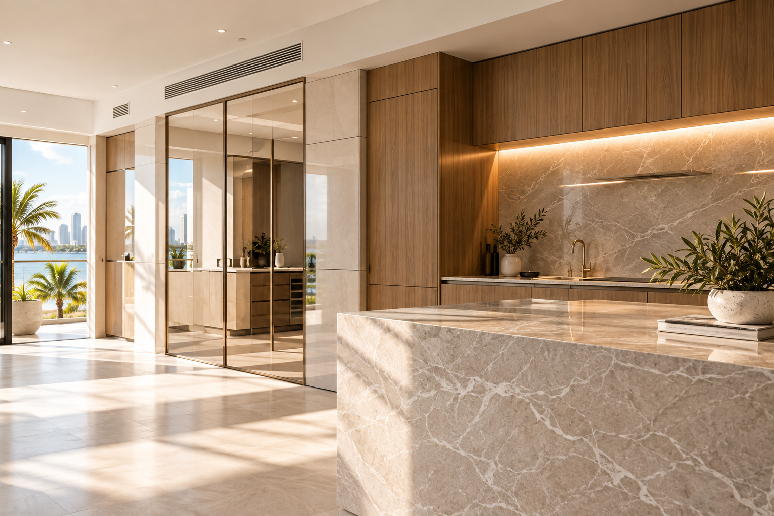 Modern kitchen with marble countertops, wooden cabinetry, and large glass doors leading to a balcony with city and water views.