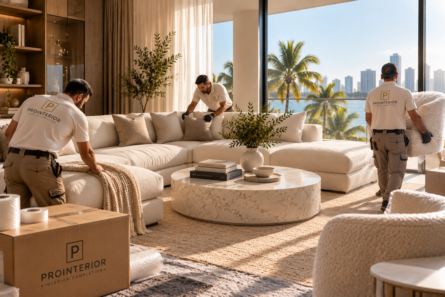 Three workers from PROINTERIOR decorating a bright living room with large windows, a white sectional sofa, greenery, and city views in the background.