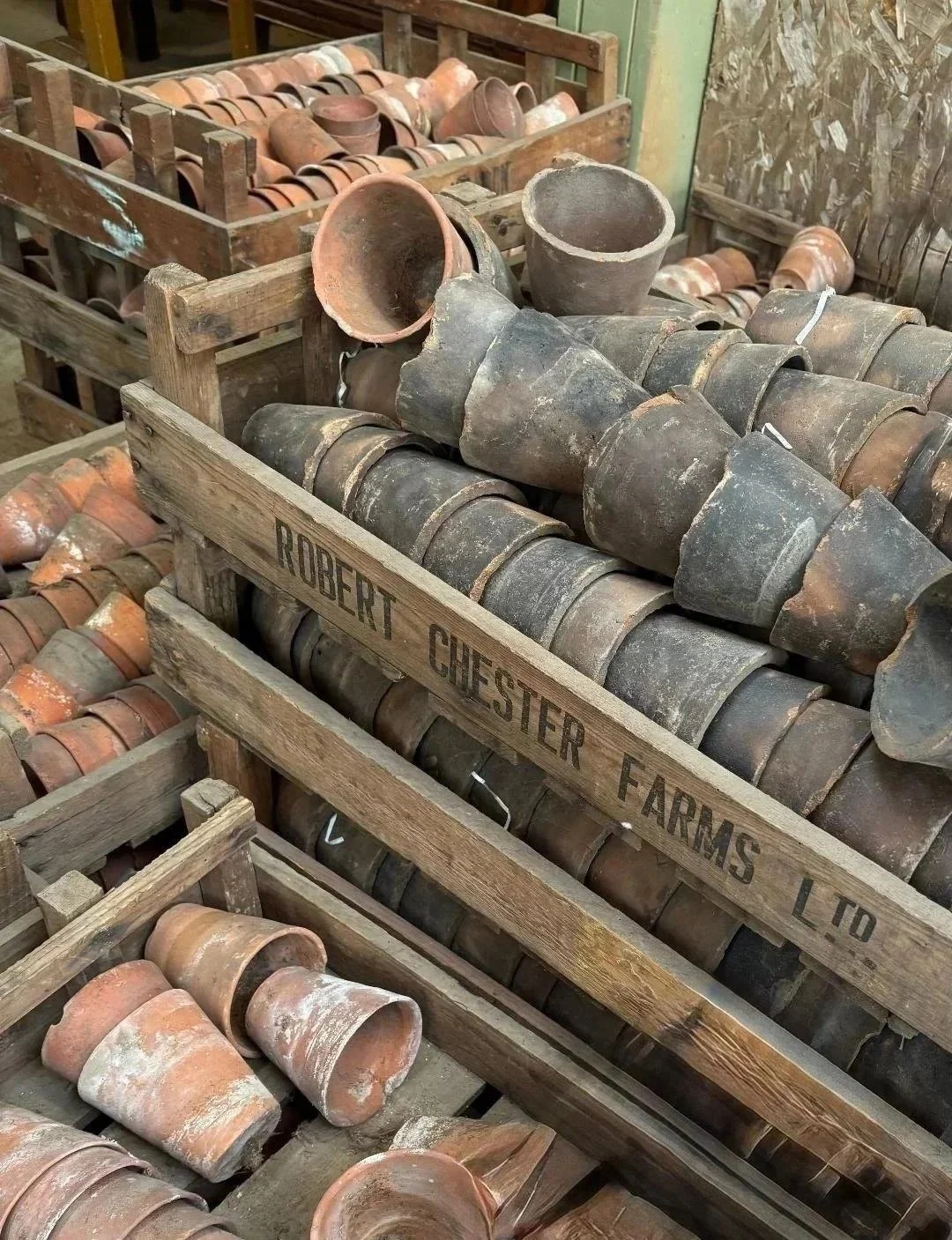 English hand-formed clay pots, early to mid-20th century. Contact us for more information.