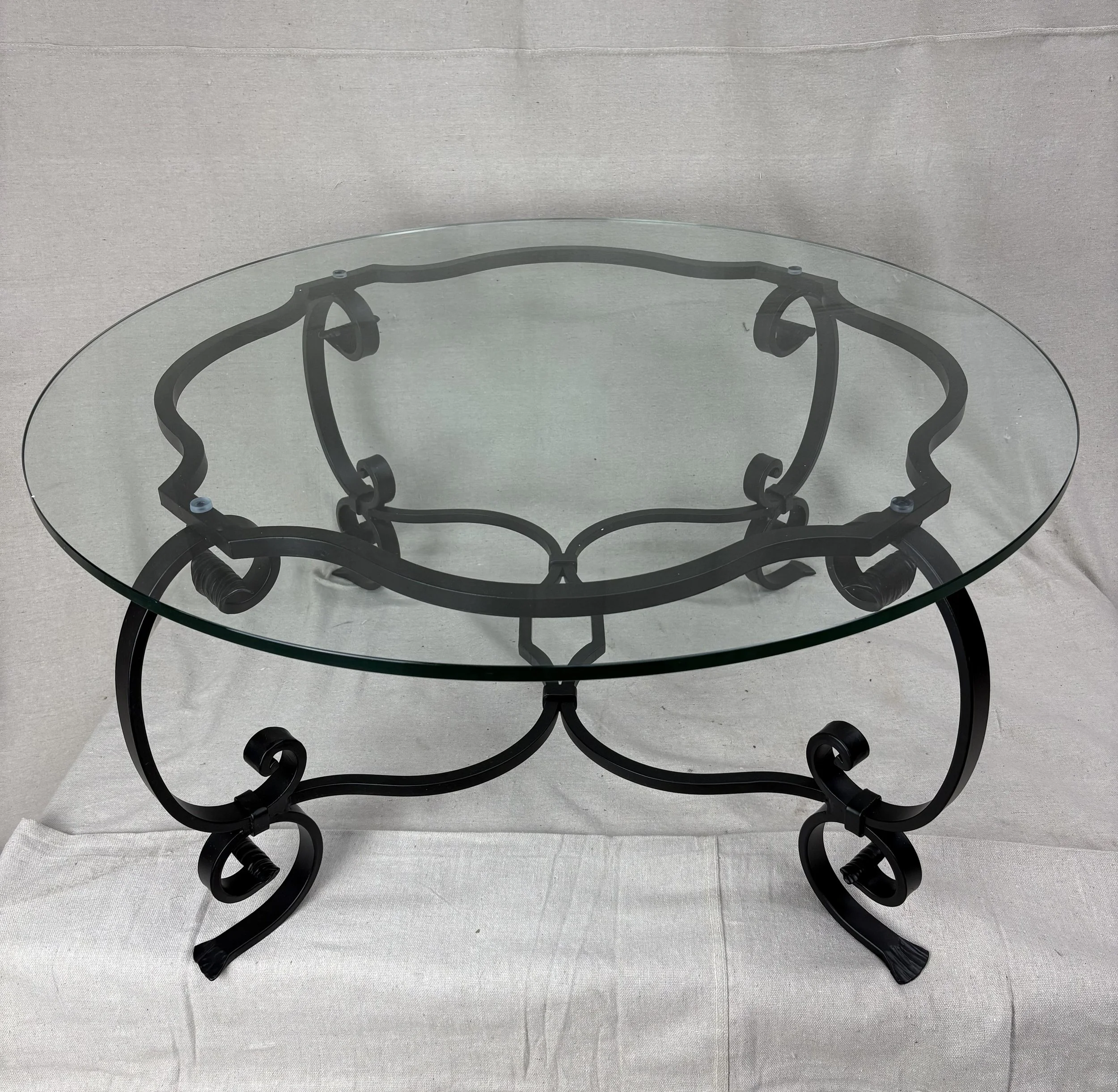 French Wrought Iron Cocktail Table with Glass Top, 36" diameter, 1950-1960s