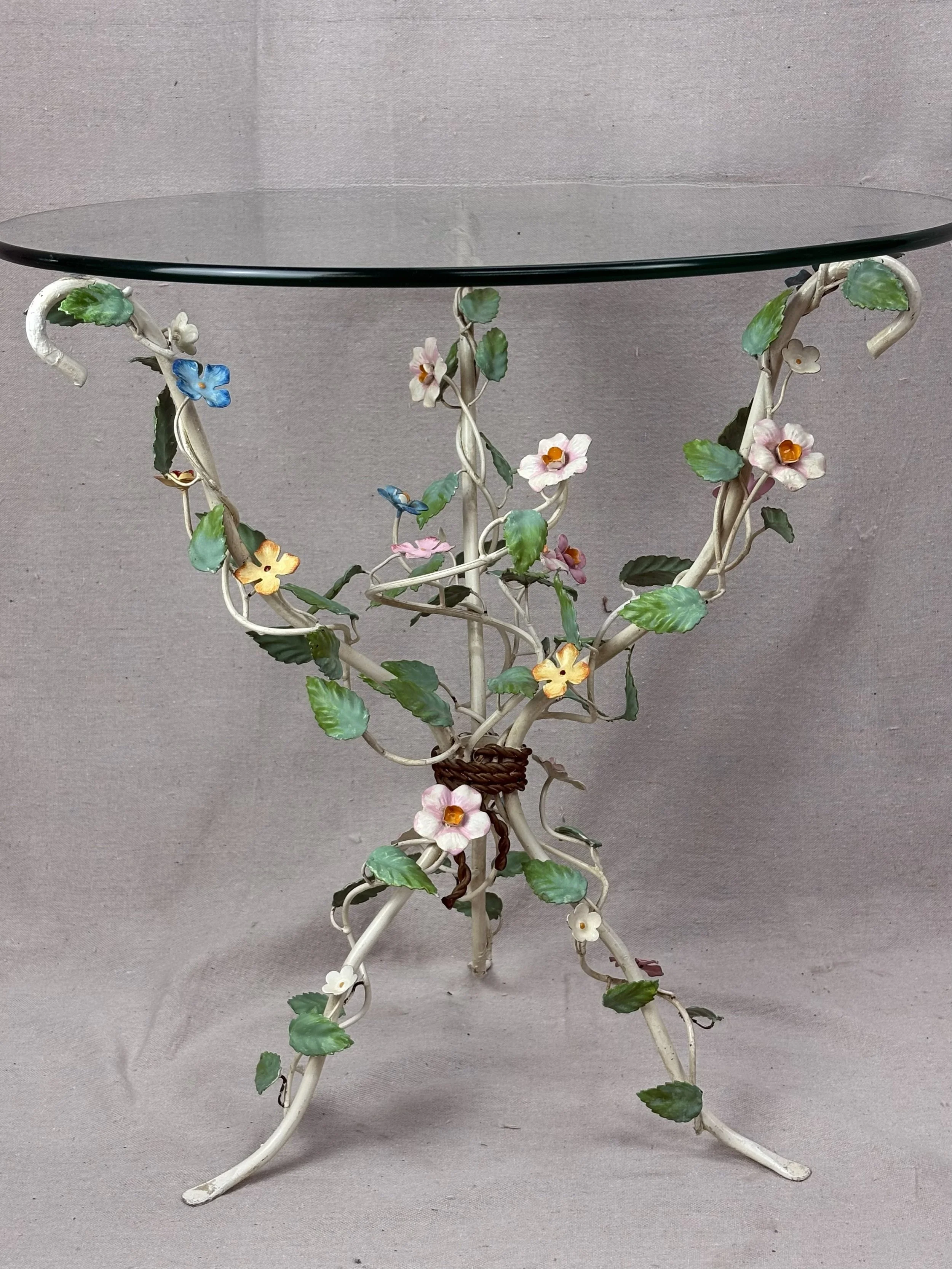 French Tole Table 1930-1950s with 24" Glass Top, 