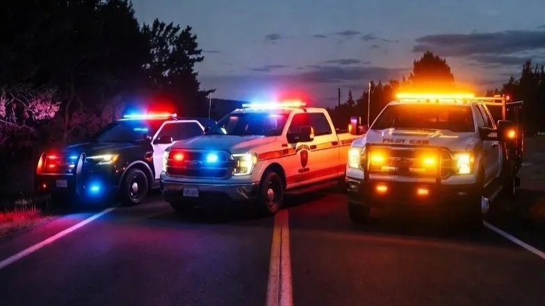 Multiple emergency vehicles, including police cars and fire trucks, with flashing lights blocking a road during dusk.