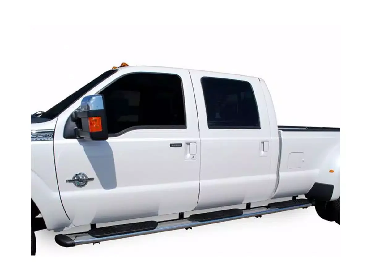 White pickup truck with four doors, tinted windows, side steps, and an emblem on the front door, isolated on a white background.