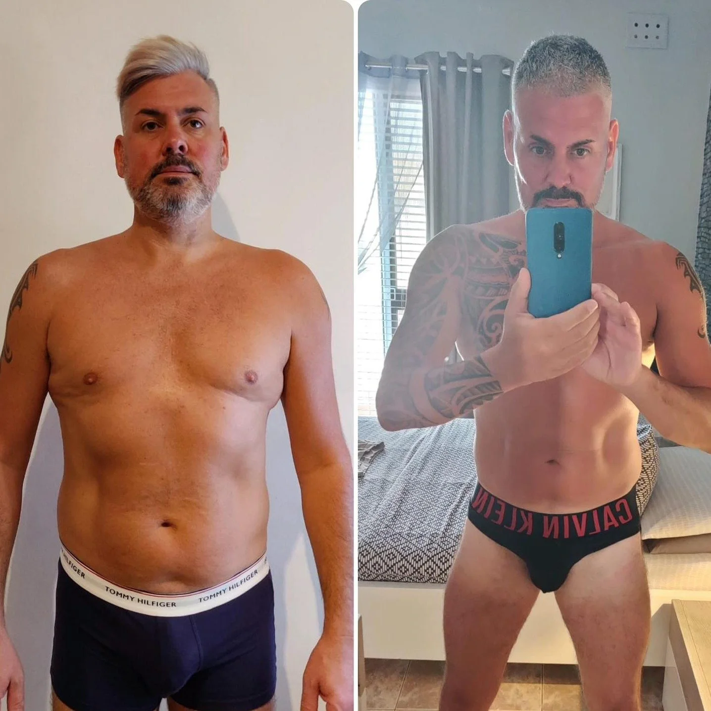 Side-by-side comparison of a man before and after physical transformation. On the left, he has gray hair, a beard, and a slightly fuller physique On the right, he has a hairstyle with very short hair, visible tattoos on his arms and looks ripped.