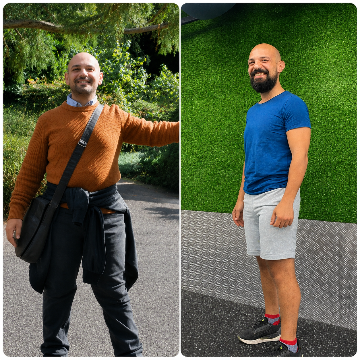 A side-by-side comparison of a man in two different outfits and settings. Man seems to have lost weight and gained muscle.