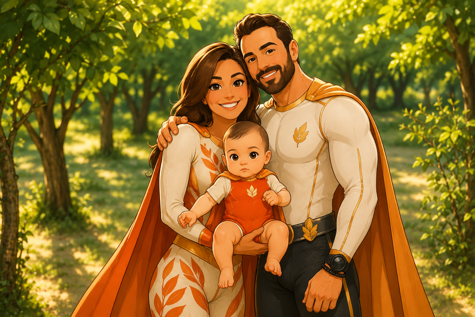 A family of three dressed as superheroes in a sunlit forest, with the mother, father, and baby smiling and posing together looking fit and healthy and strong.