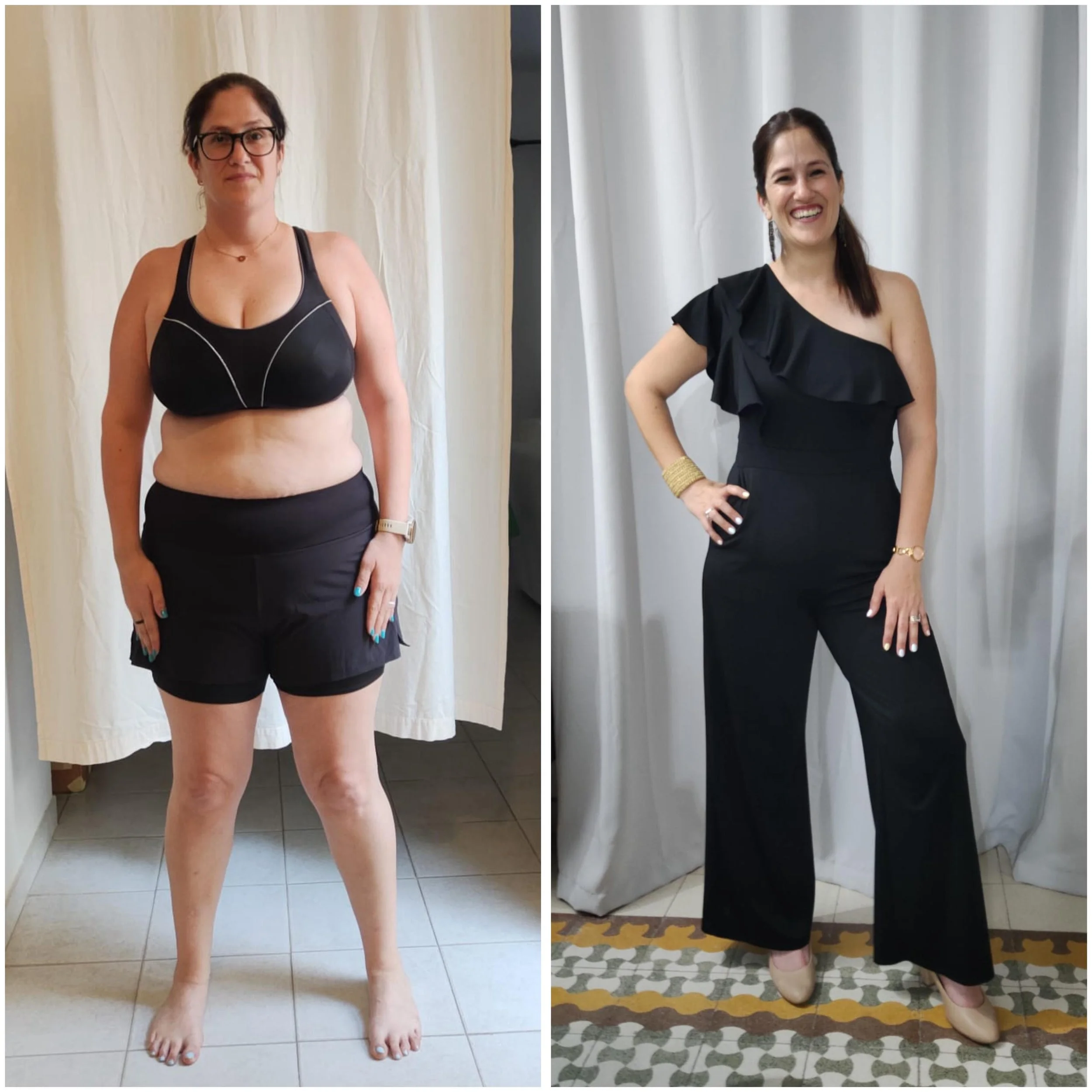 Before and after photos of a woman showing weight loss transformation. In the first photo, she has a fuller figure and is wearing glasses, a black sports bra, and shorts, standing in front of a cream-colored curtain. In the second photo, she has a slimmer figure, is smiling, wearing earrings, a black dress, and golden shoes, standing in front of a gray curtain. The two photos highlight her physical transformation.
