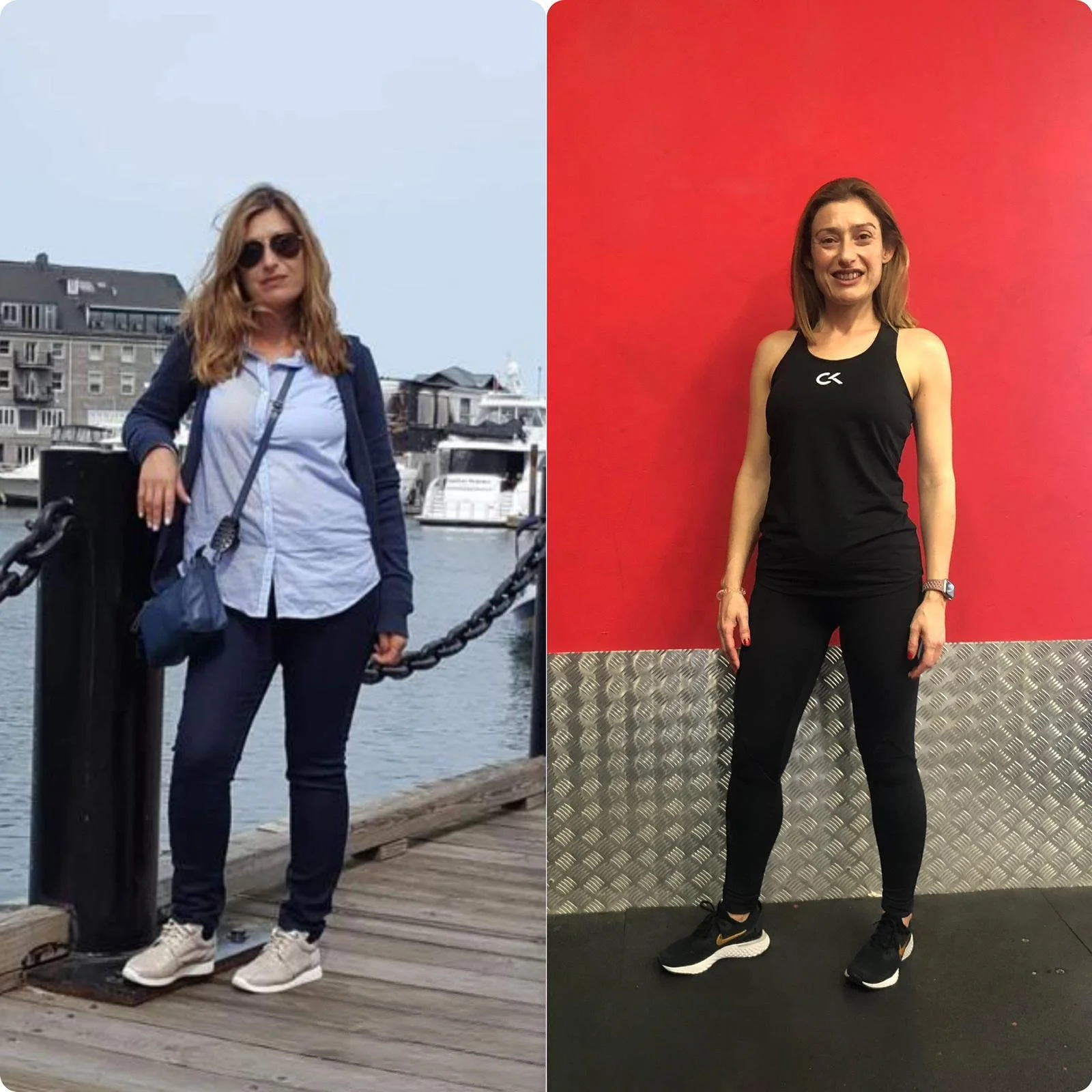 Comparison of two women, one outdoors by water and the other indoors against a red wall, both dressed in casual athletic clothing. positive physical transformation