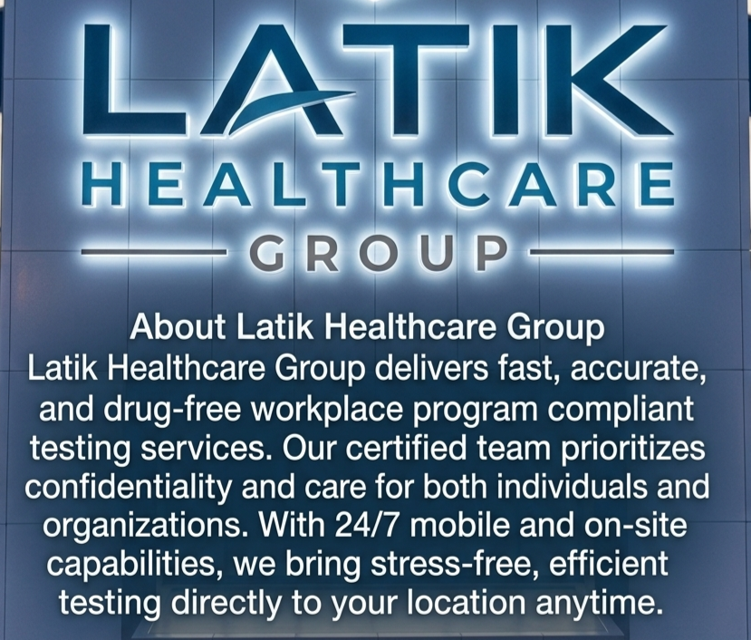 Sign for Latik Healthcare Group with description of services and capabilities.