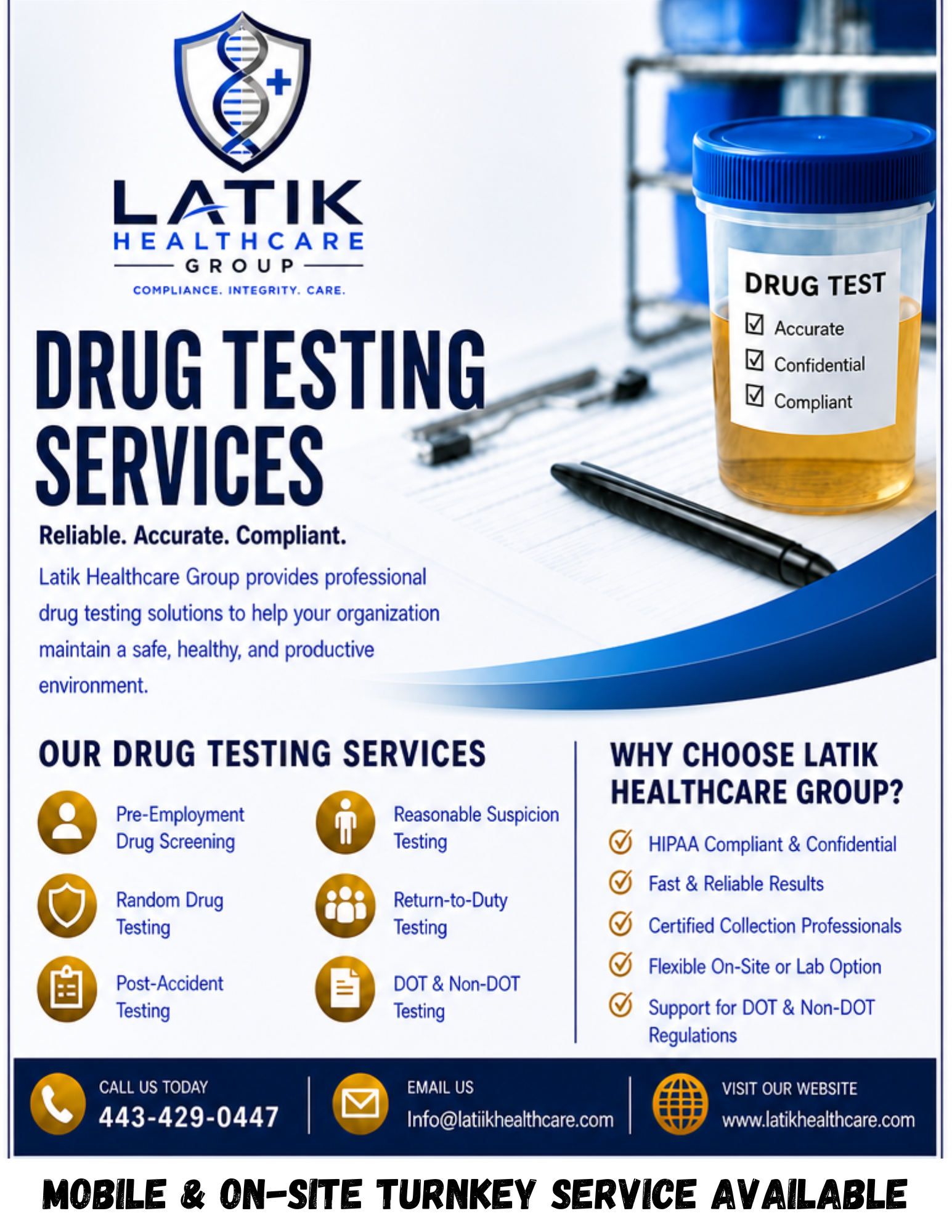 A poster for Latik Healthcare Group promoting drug testing services, with icons and text details about various testing options, benefits, and contact information, along with a note about mobile and on-site service availability.