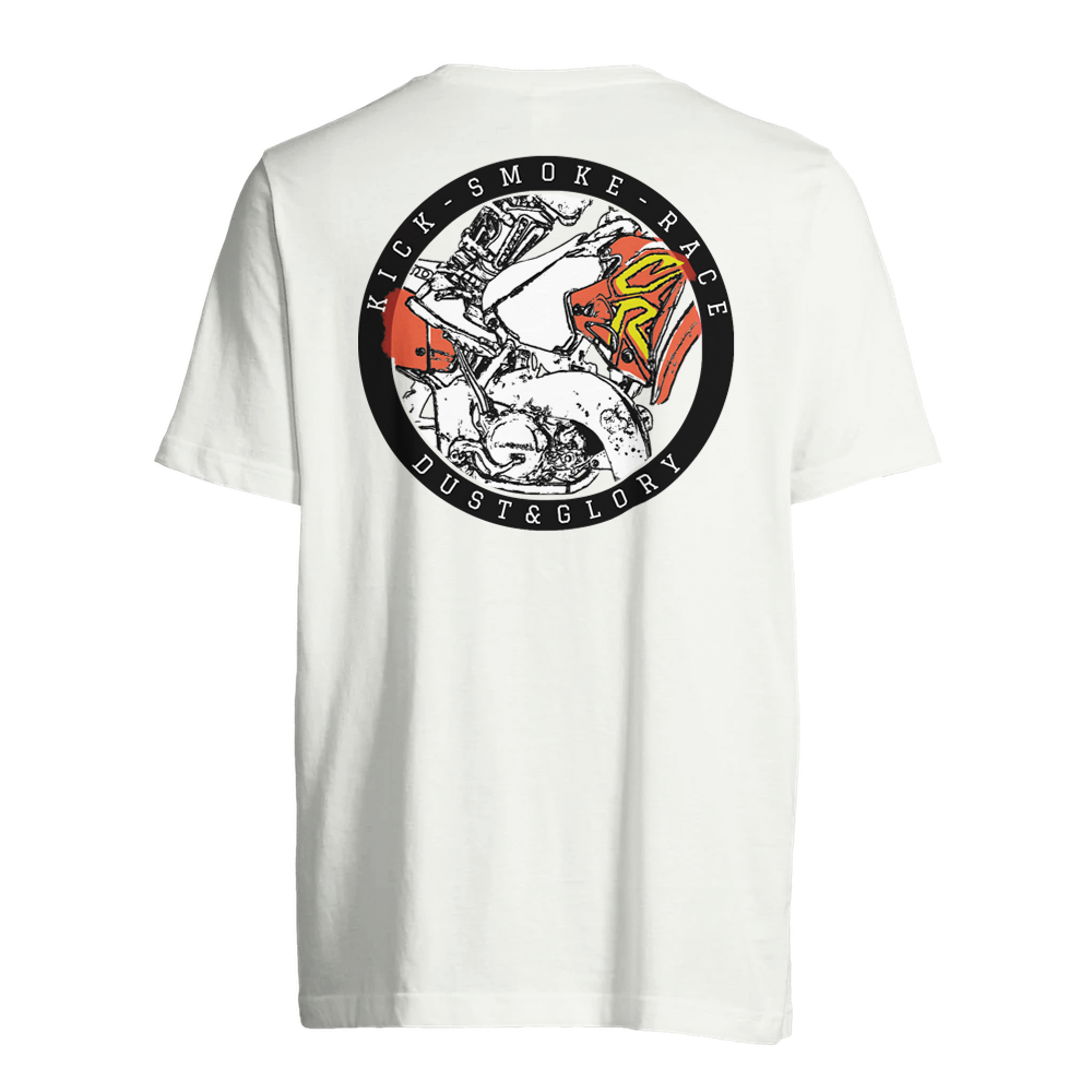 Image of back of white t-shirt with Kick Smoke Race design - Honda CR being kickstarted - Dust and Glory test underneath