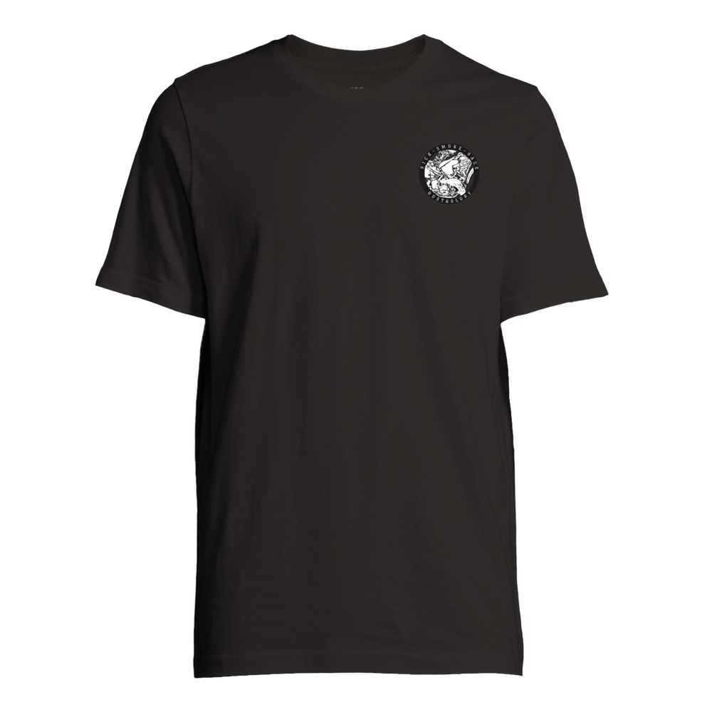 Front of black Kick Smoke Race t-shirt with small design on the front