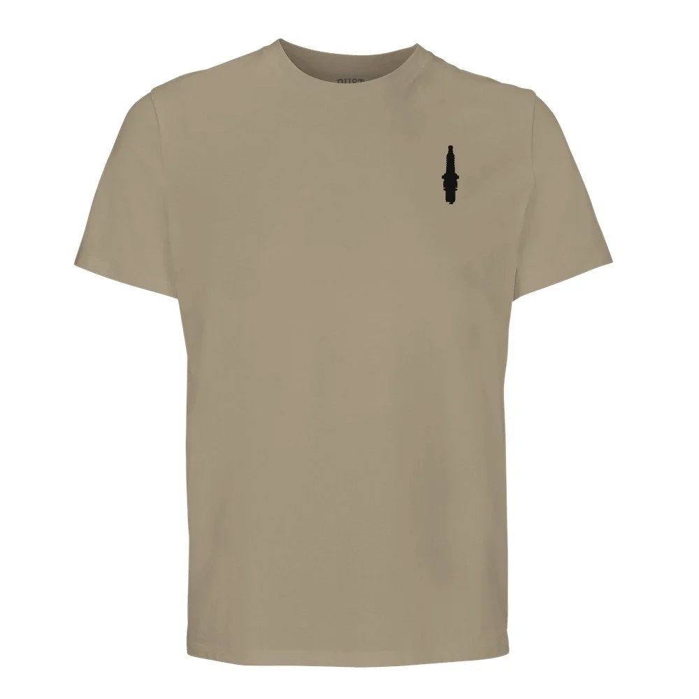 Khaki moto t shirt with spark plug design