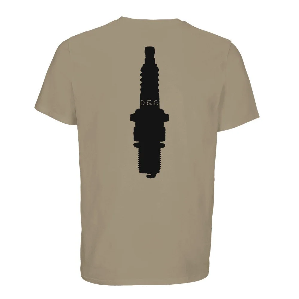 Back of khaki moto t shirt with large spark plug design
