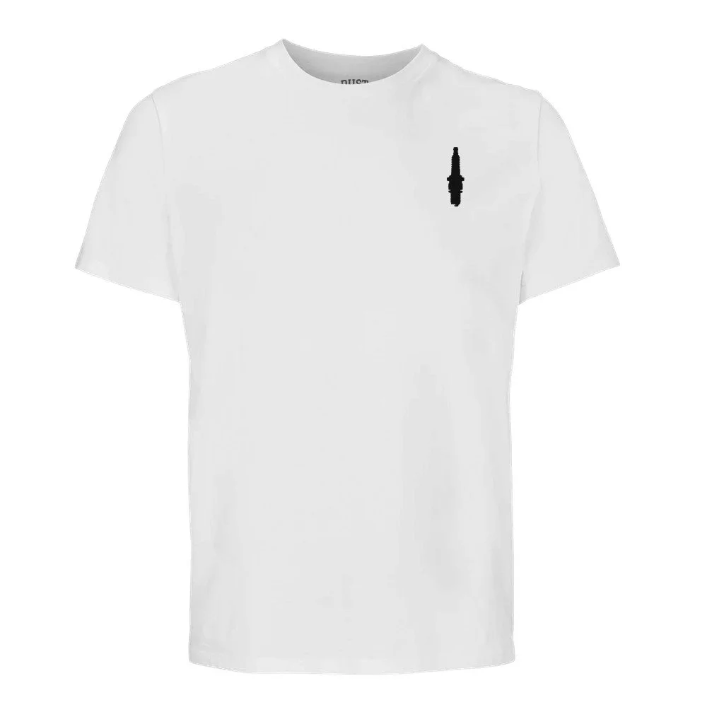 front of white moto t shirt with spark plug design
