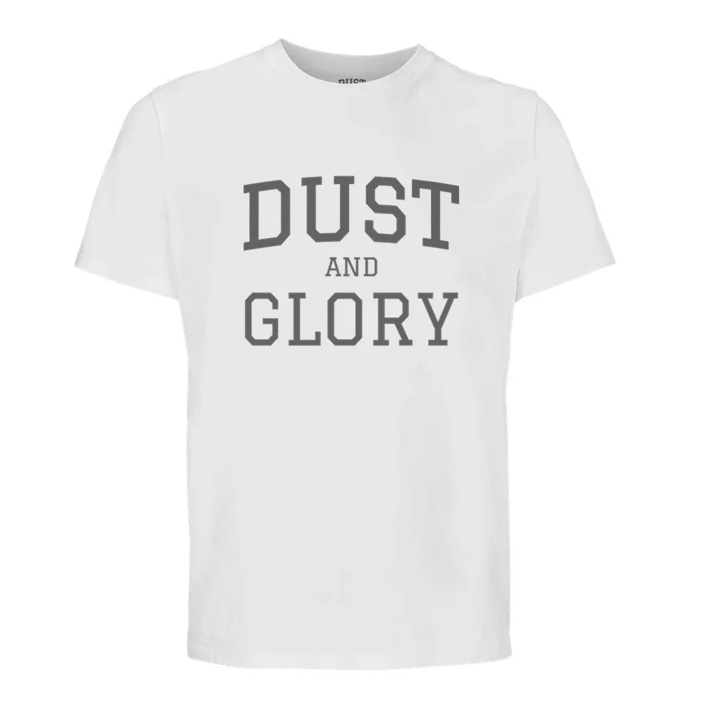 Front of white moto t shirt with Dust and Glory in large college type text