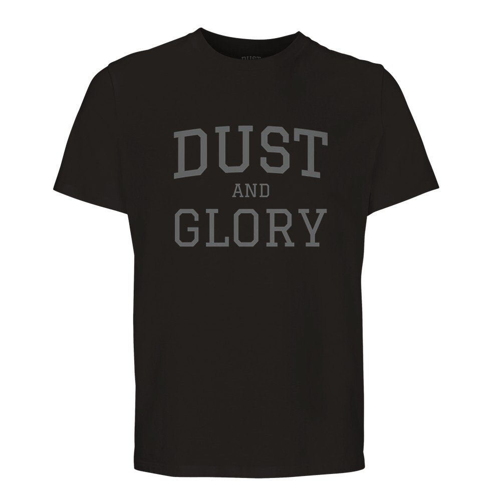 Front of black moto t shirt with Dust and Glory in large college type text