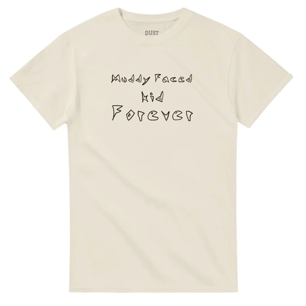 Front of sand coloured moto t shirt with "muddy faced kid forever" slogan