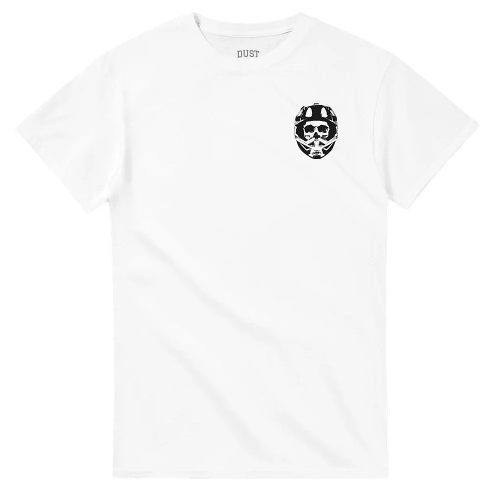 Front of white moto skull t shirt with small design on chest