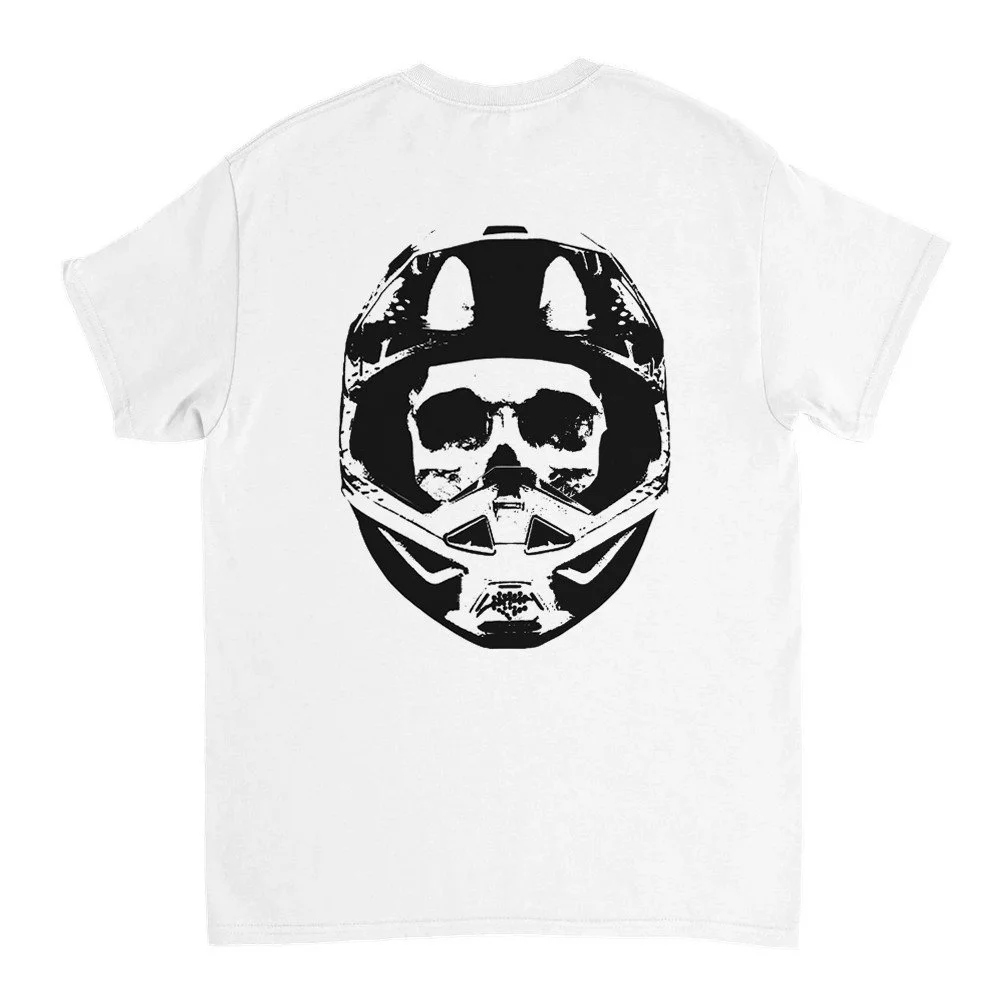 back of white moto skull design graphic t shirt with large helmet skull design