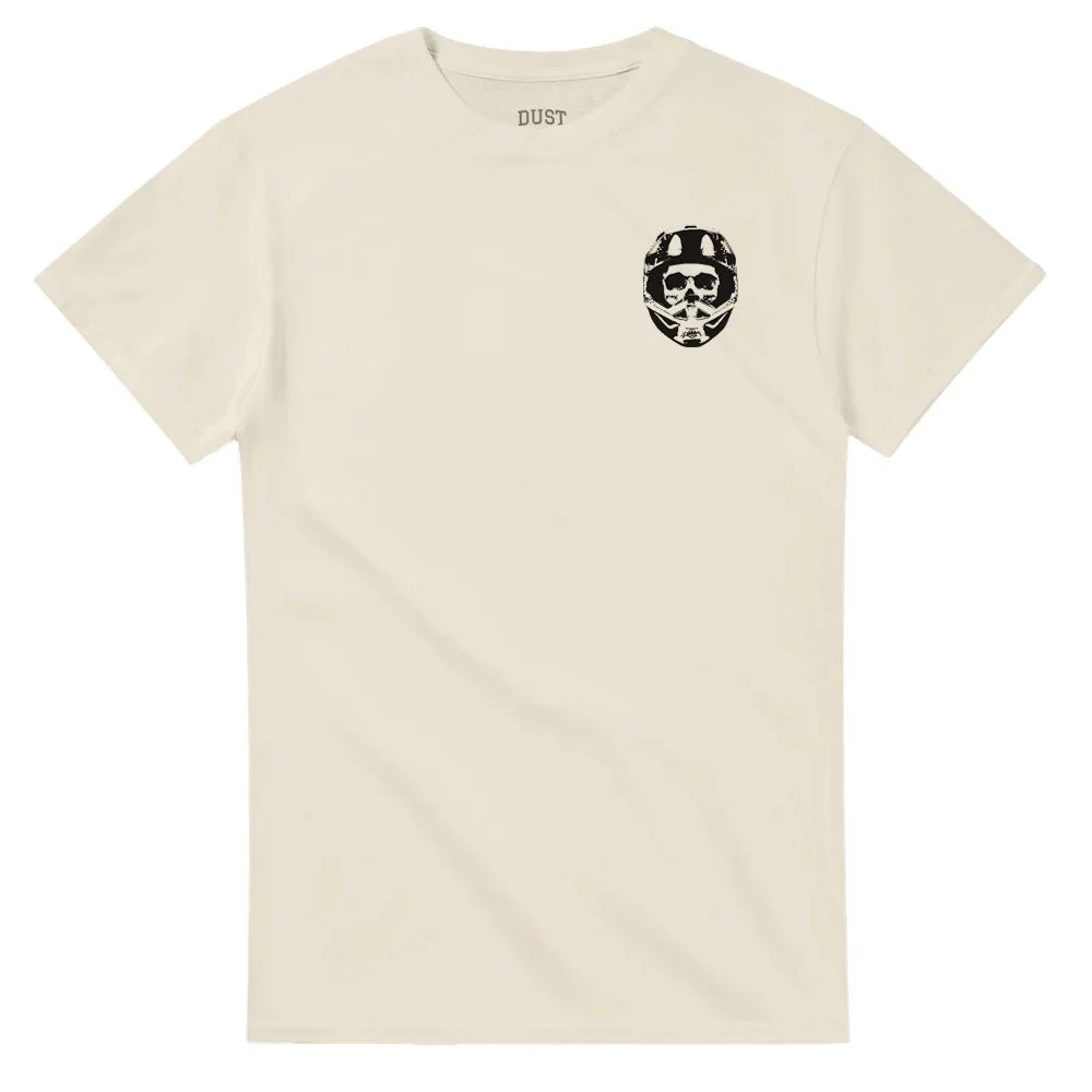 front of sand moto skull design graphic t shirt with small design on chest