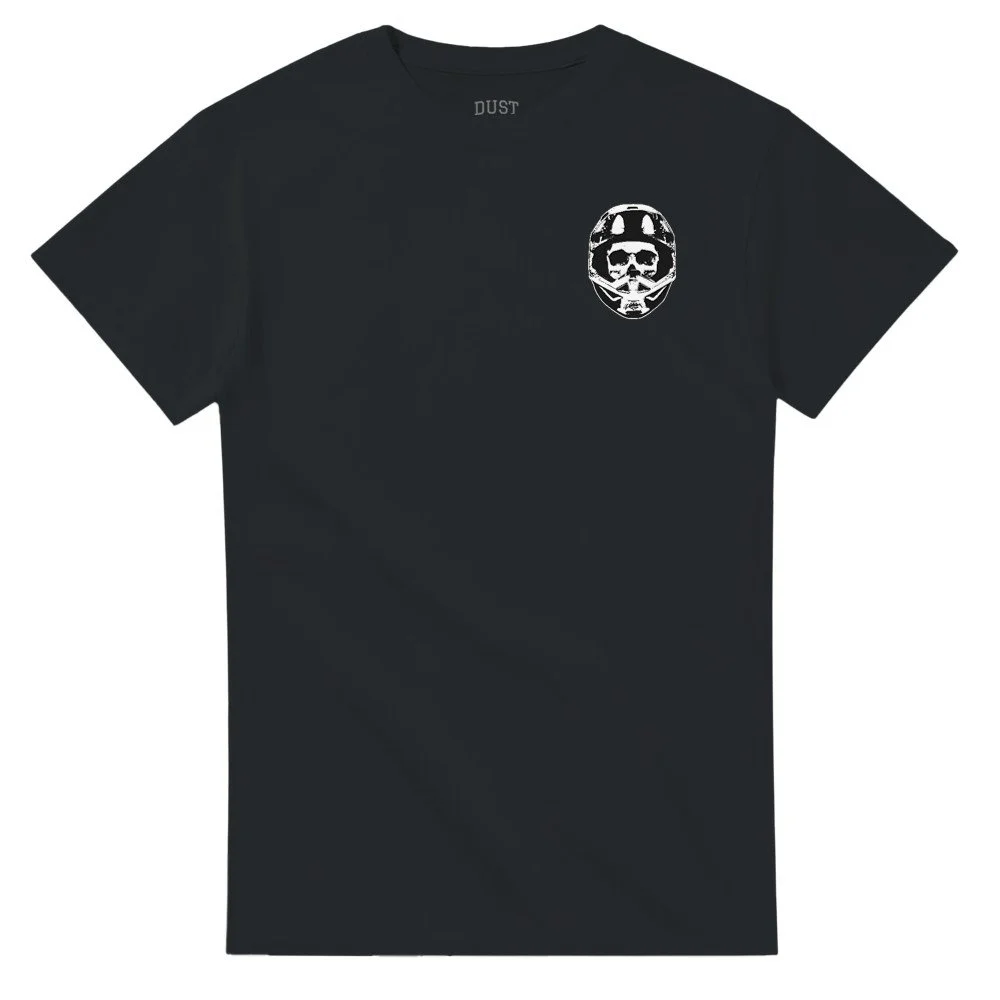 front of black moto skull design graphic t shirt with small design on chest