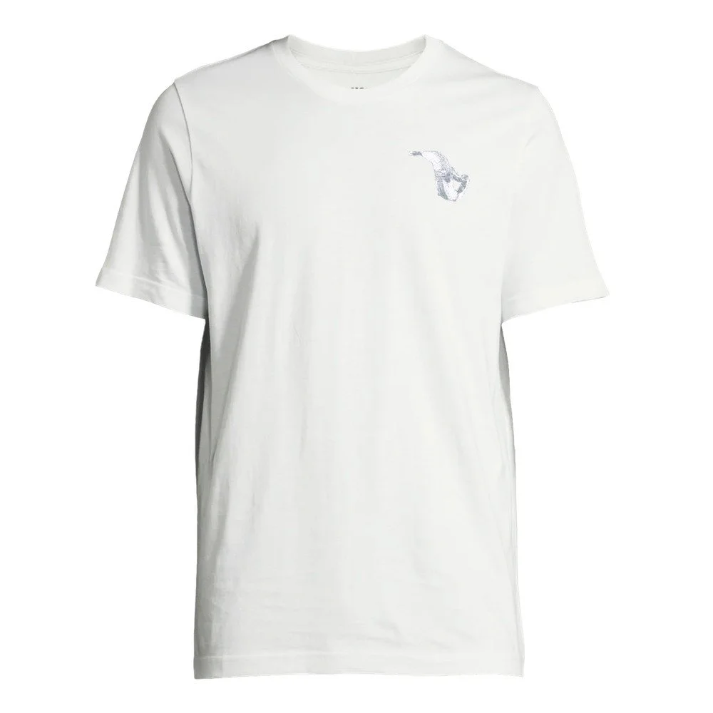 Front of white moto inspired graphic t shirt with small 2 stroke expansion pipe design on the chest