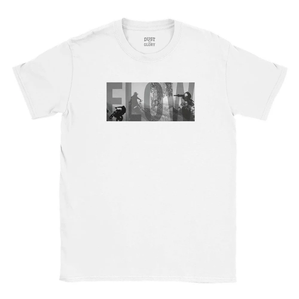 Front of white moto t shirt design with dirt bike imagery in the background behind the word "flow"