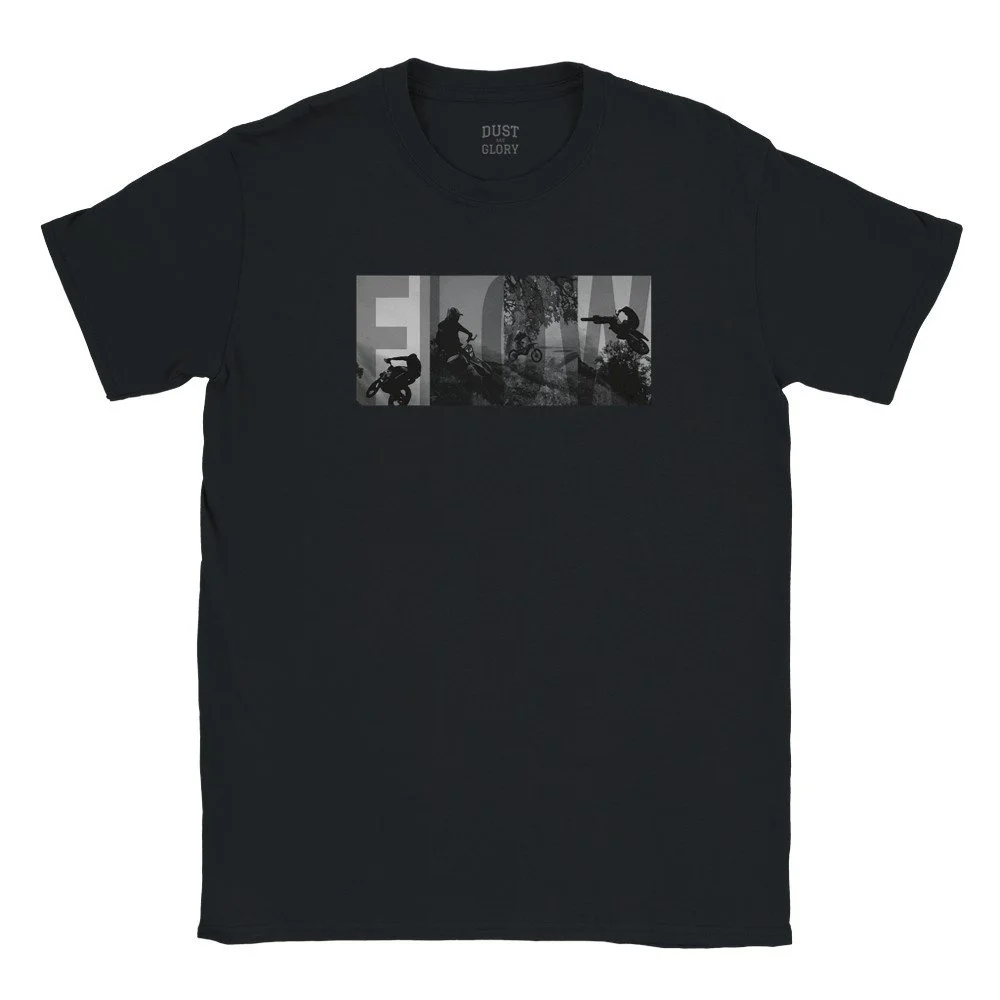 Front of black moto t shirt design with dirt bike imagery in the background behind the word "flow"