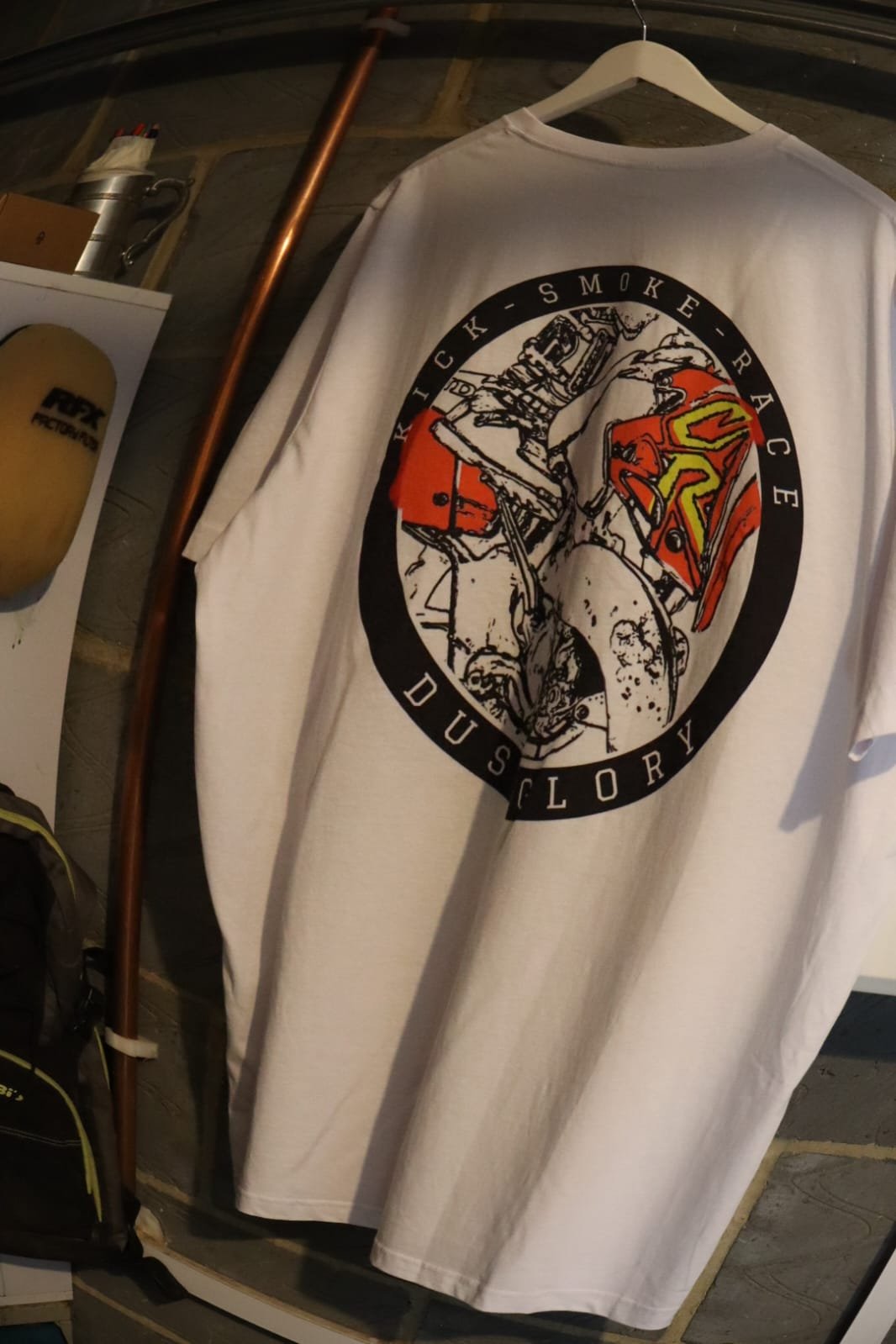 Kick Smoke Race design on white with old school motocross boot kick starting Honda CR