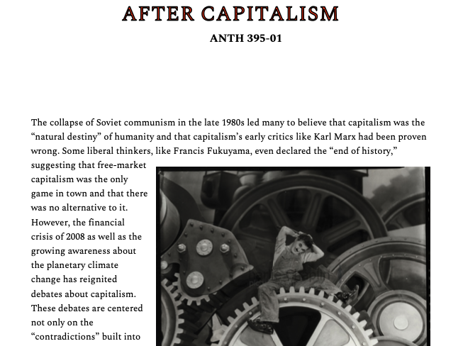 A screenshot of a page from the syllabus of 'After Capitalism,' with text accompanied by a black and white illustration of a person among large gears.