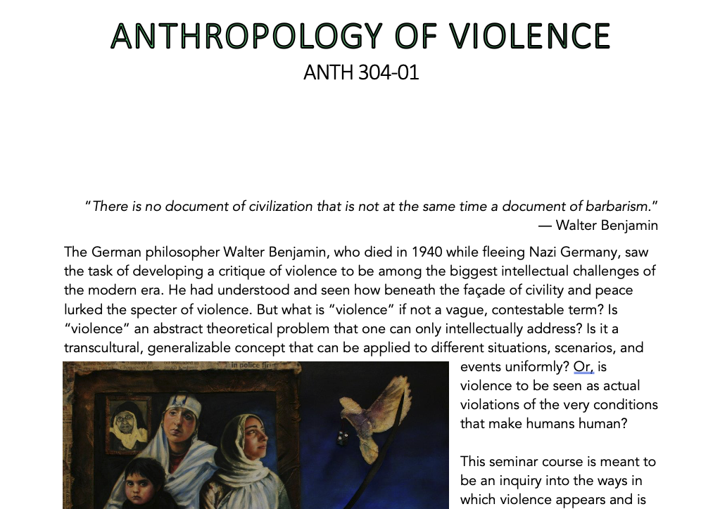 A screenshot of the "Anthropology of Violence" syllabus with a quote from Walter Benjamin, discussing violence. The lower part of the image shows a painting of a woman and children, along with some decorative elements.